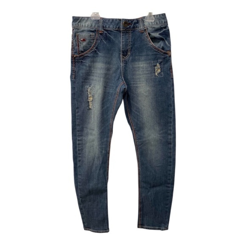 Vintage USALL Junior Denim Distressed Jeans with American Flag Patch, Size 160